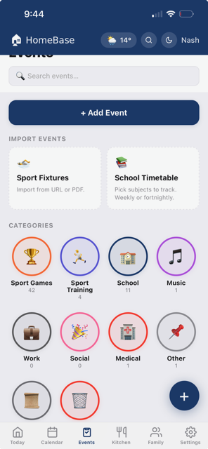 HomeBase Events screen with sport-fixture and timetable importers