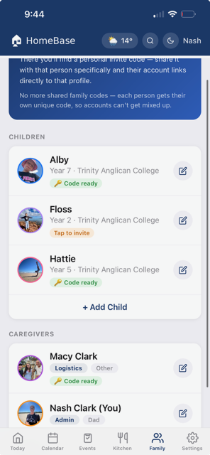 HomeBase Family screen with children and caregivers