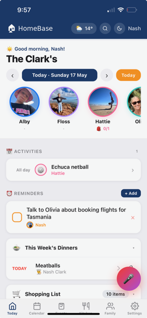 HomeBase Today screen showing one Australian family's day at a glance — every kid's activities, drop-offs and pick-ups in one place